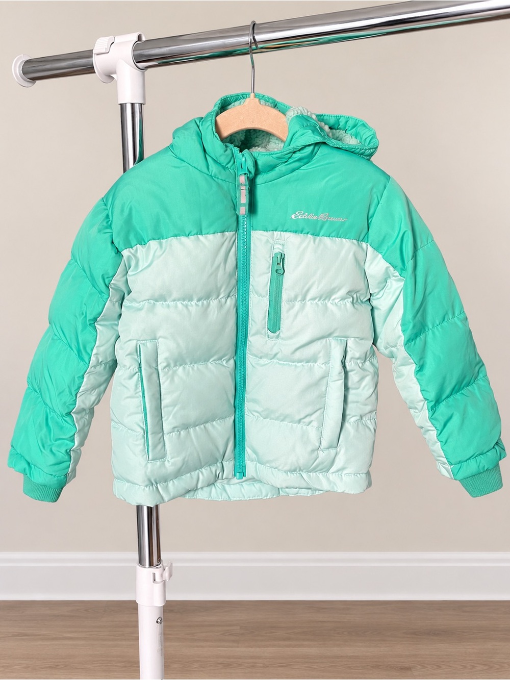 Eddie Bauer Girls' Two-Tone Mint Hooded Puffer Jacket